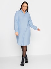 Yours Curve Blue Soft Touch Ribbed Half Zip Midi Dress - Image 3 of 4