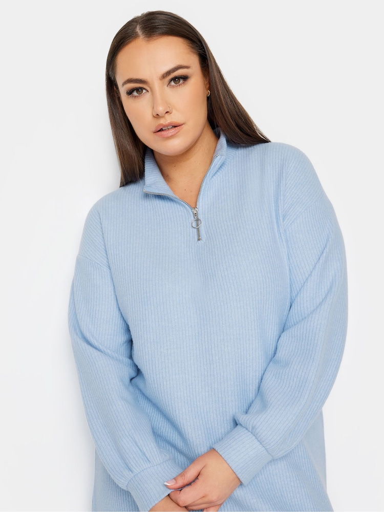 Yours Curve Blue Soft Touch Ribbed Half Zip Midi Dress - Image 4 of 4