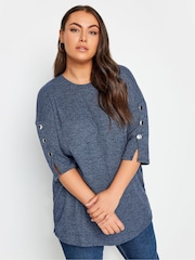 Yours Curve Mid Blue Button Sleeve Soft Touch Top - Image 1 of 4