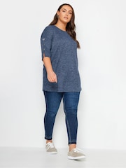Yours Curve Mid Blue Button Sleeve Soft Touch Top - Image 2 of 4