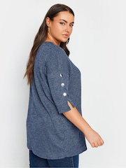 Yours Curve Mid Blue Button Sleeve Soft Touch Top - Image 3 of 4