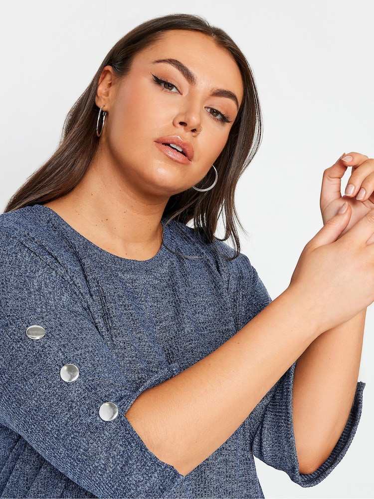 Yours Curve Mid Blue Button Sleeve Soft Touch Top - Image 4 of 4