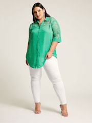 YOURS LONDON Curve Green Lace Sleeve Shirt - Image 1 of 4