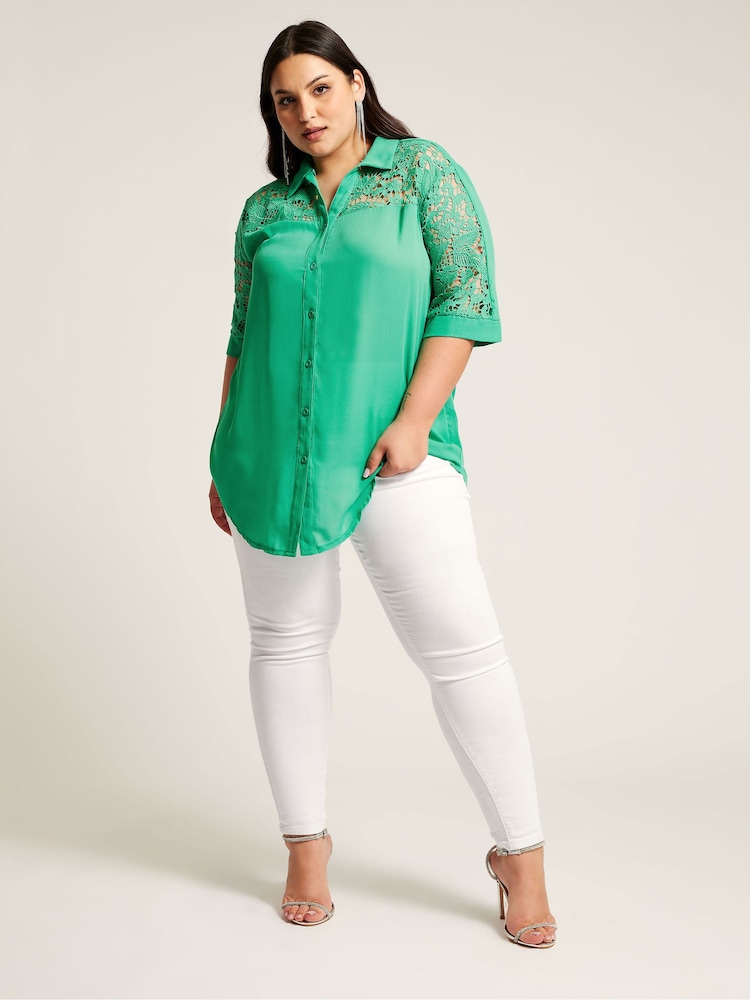 YOURS LONDON Curve Green Lace Sleeve Shirt - Image 1 of 4