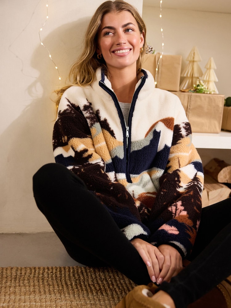 Ecru/Navy Mountain Scene Half Zip Borg Fleece - Image 2 of 7