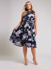 Yours Curve Blue Mesh Panel Skater Dress - Image 2 of 5