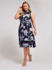 Yours Curve Blue Mesh Panel Skater Dress - Image 3 of 5