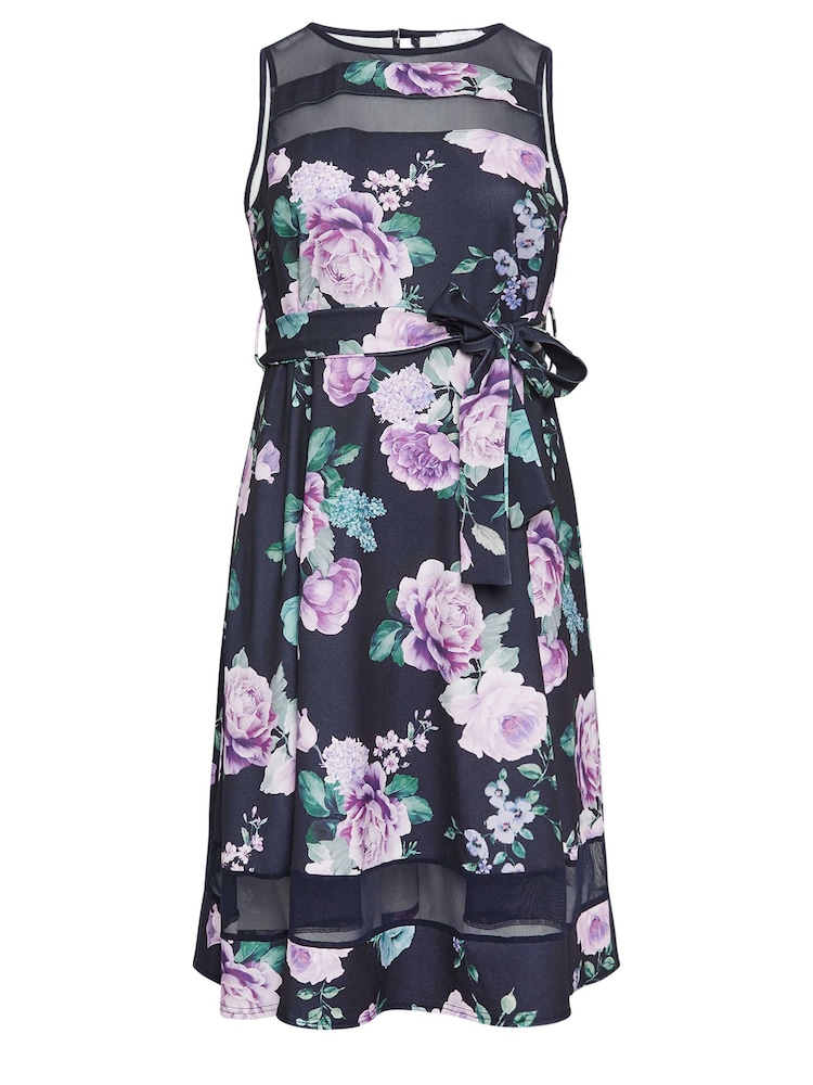 Yours Curve Blue Mesh Panel Skater Dress - Image 5 of 5