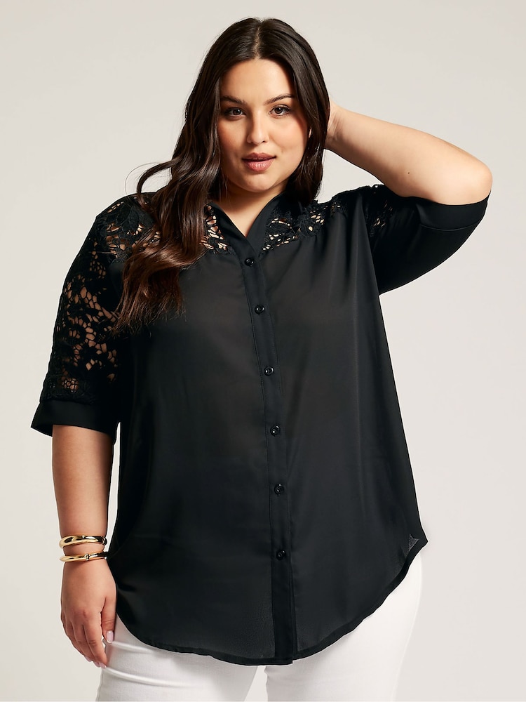 YOURS LONDON Curve Black Lace Sleeve Shirt - Image 1 of 2
