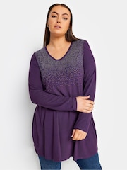 Yours Curve Purple Stud Embellished Long Sleeve Top - Image 1 of 4