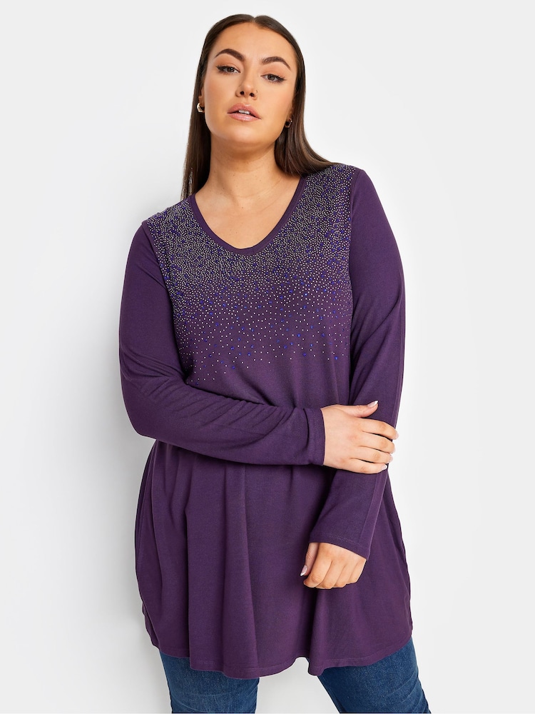 Yours Curve Purple Stud Embellished Long Sleeve Top - Image 1 of 4