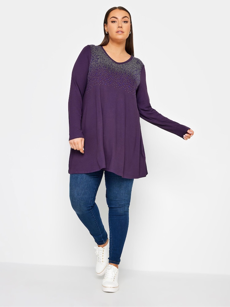 Yours Curve Purple Stud Embellished Long Sleeve Top - Image 2 of 4