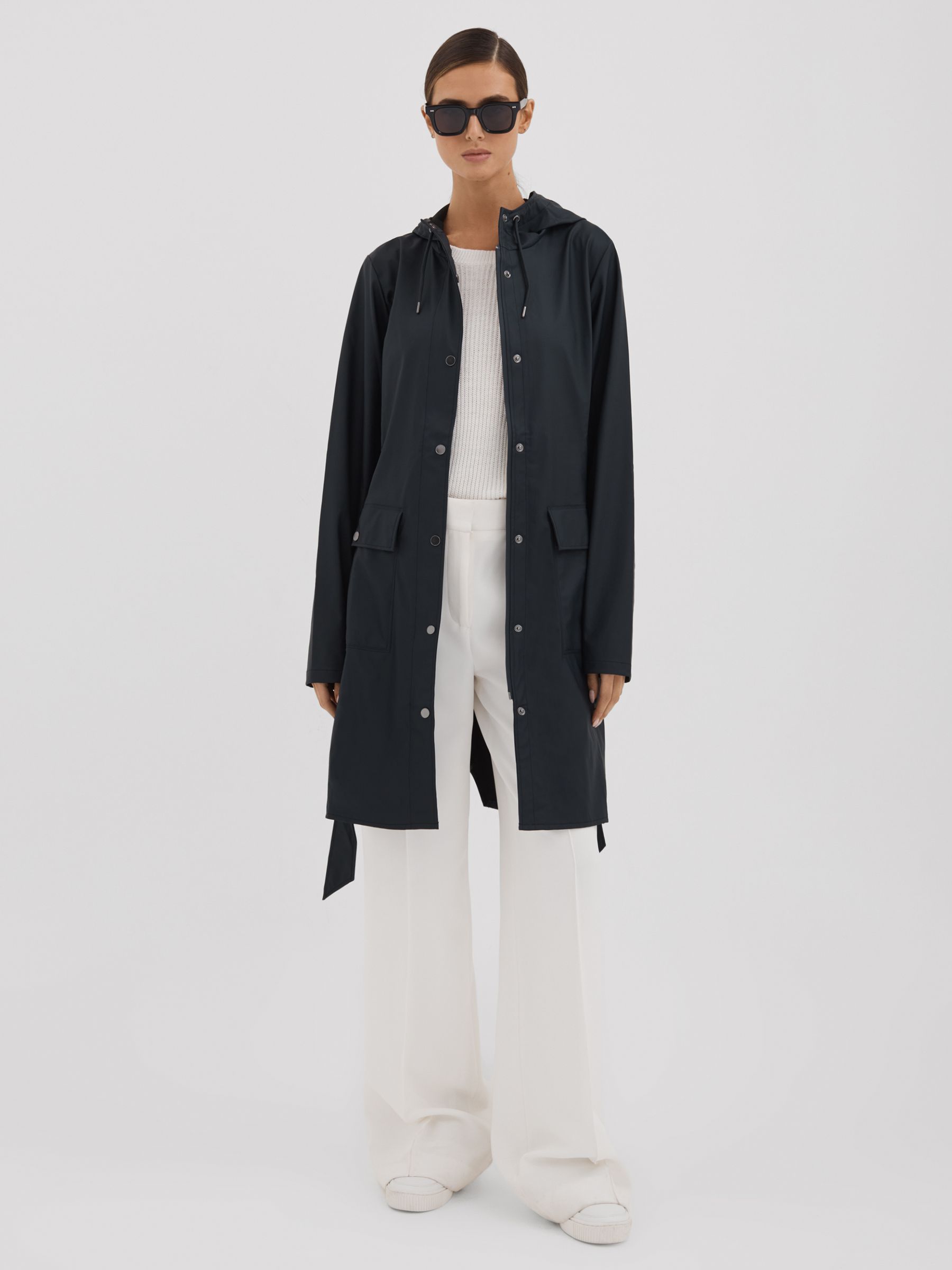 Rains Belted Hooded Rubberised Jacket In Blue