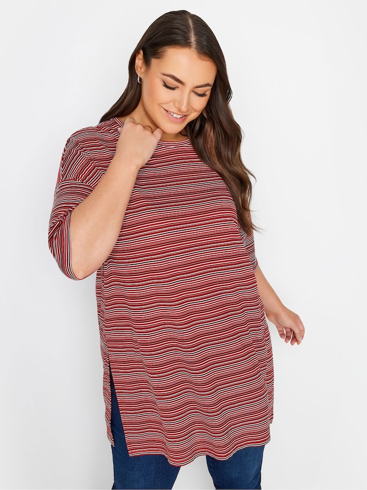 Yours Curve Bright Red Striped Oversized Top - Image 1 of 4
