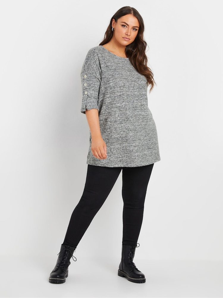 Yours Curve Grey Marl Button Sleeve Soft Touch Top - Image 2 of 5