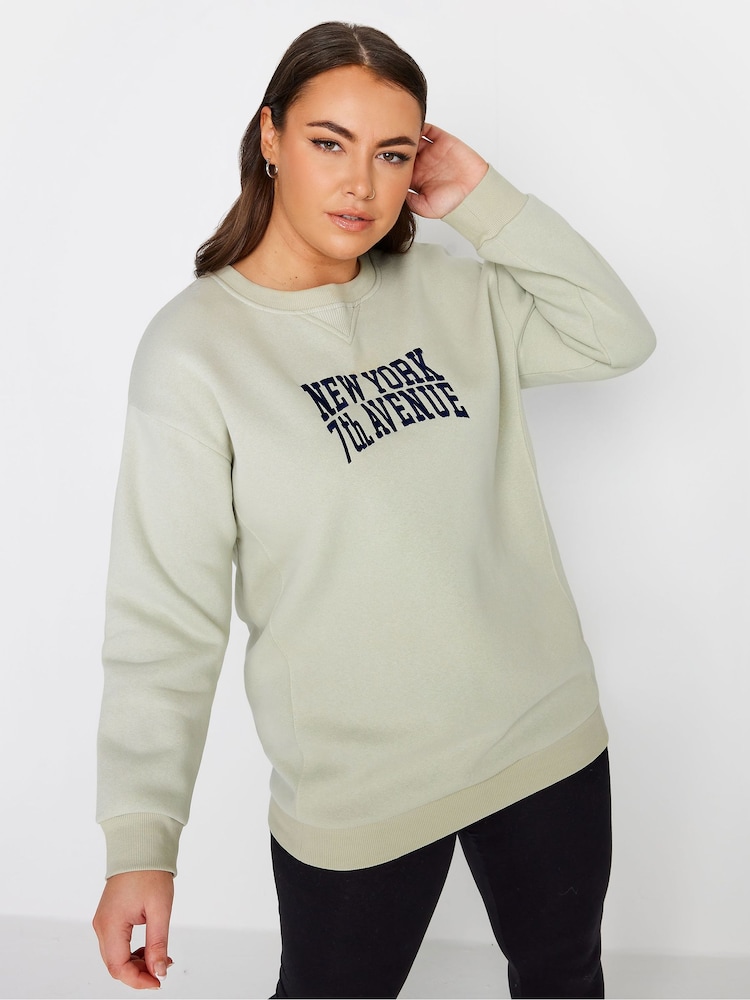 Yours Curve Green 'New York' Slogan Sweatshirt - Image 1 of 4