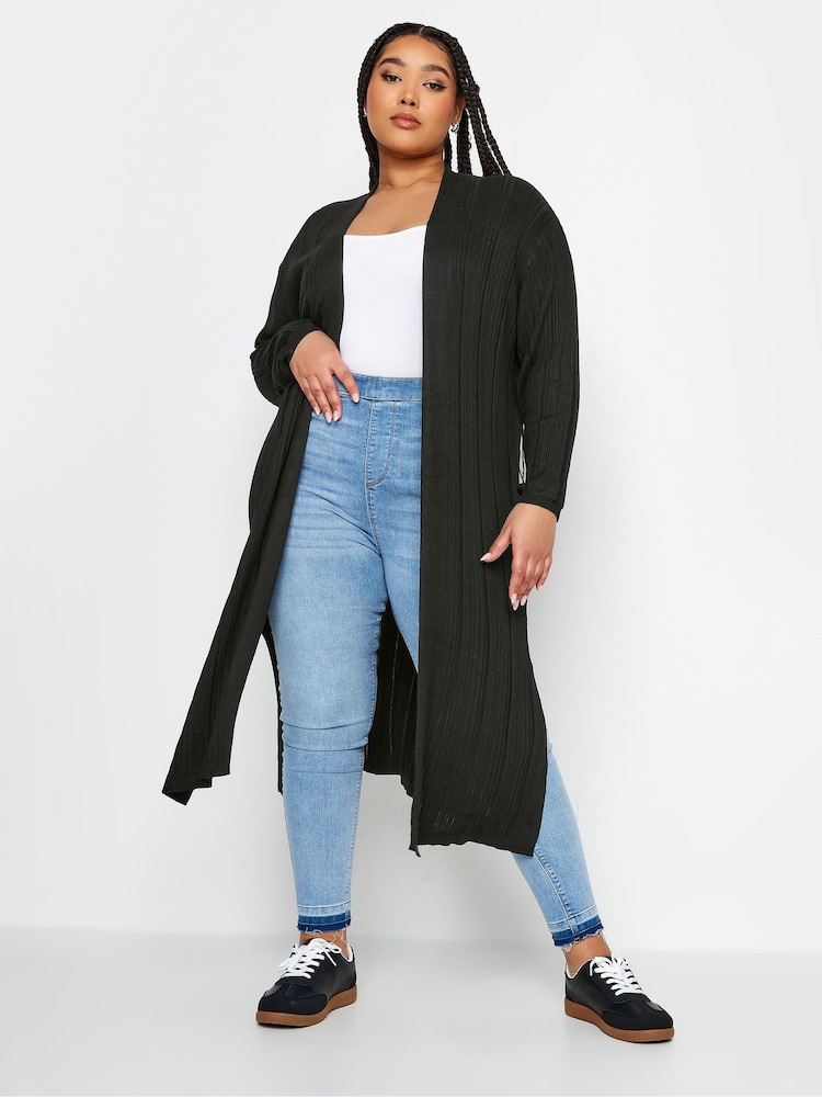 Yours Curve Black Longline Ribbed Cardigan - Image 2 of 4