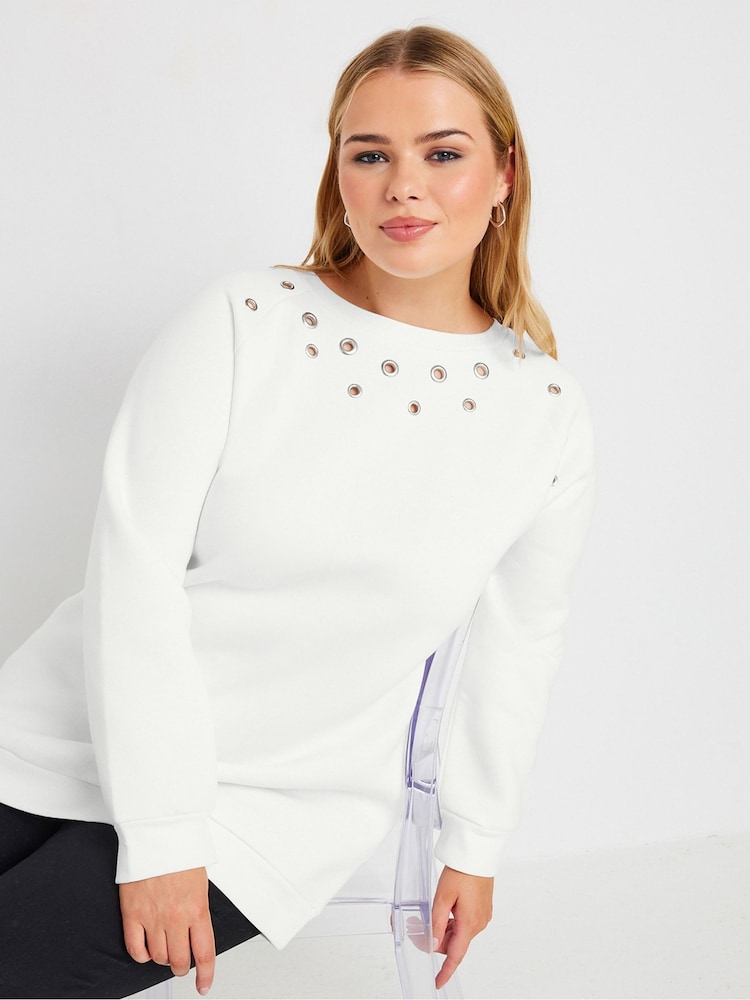 Yours Curve White Eyelet Detail Sweatshirt - Image 1 of 4