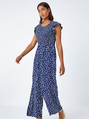 Roman Blue Polka Dot Shirred Jumpsuit - Image 1 of 5
