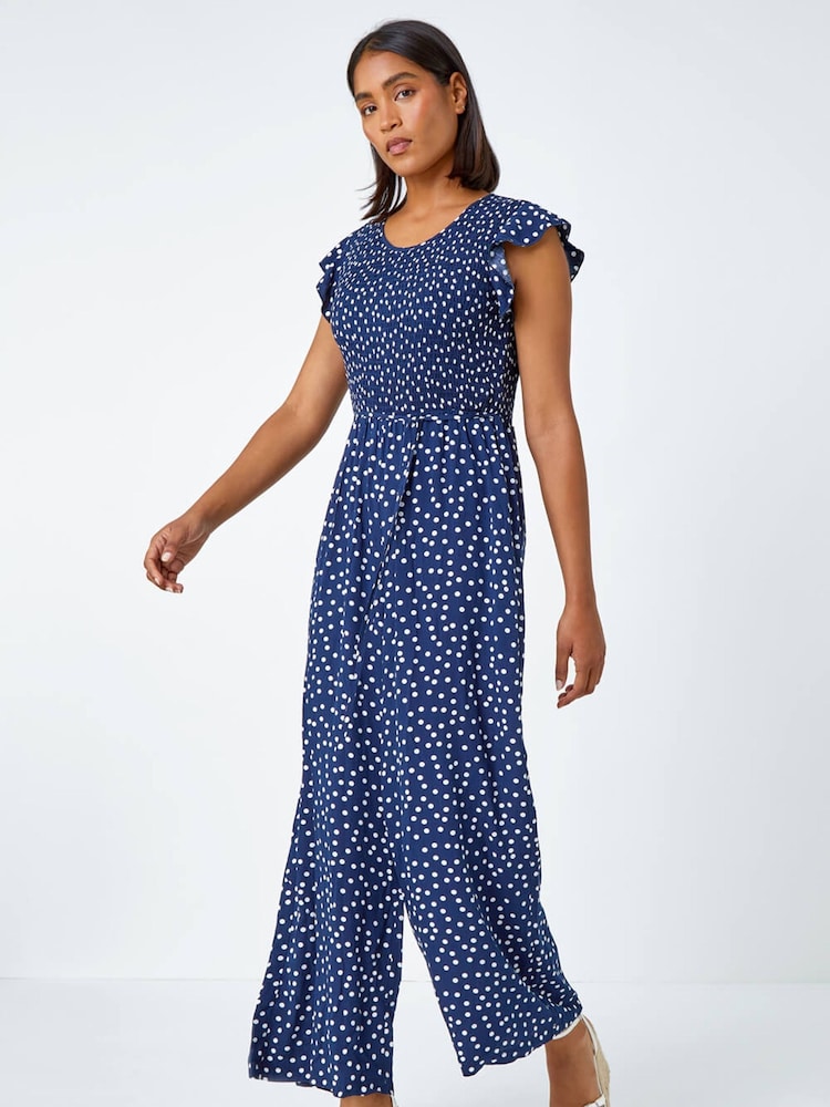 Roman Blue Polka Dot Shirred Jumpsuit - Image 1 of 5