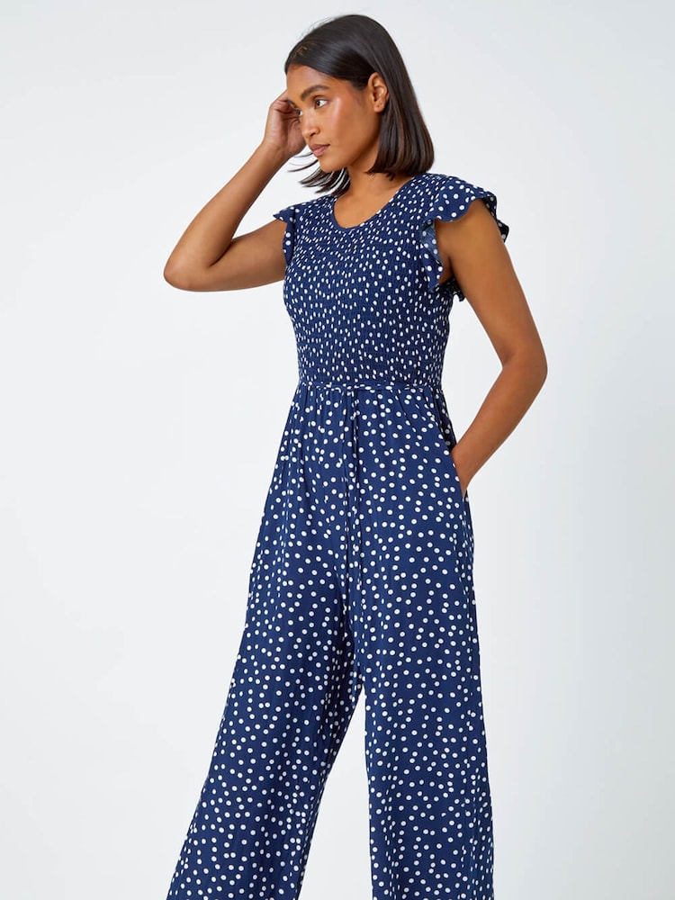 Roman Blue Polka Dot Shirred Jumpsuit - Image 2 of 5