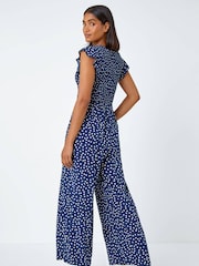 Roman Blue Polka Dot Shirred Jumpsuit - Image 3 of 5