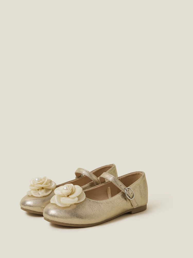 Angels By Accessorize Gold Girls Flower Ballet Flats - Image 1 of 3