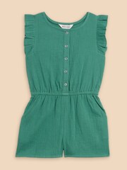 White Stuff Green Woven Frill 100% Cotton Playsuit - Image 1 of 3