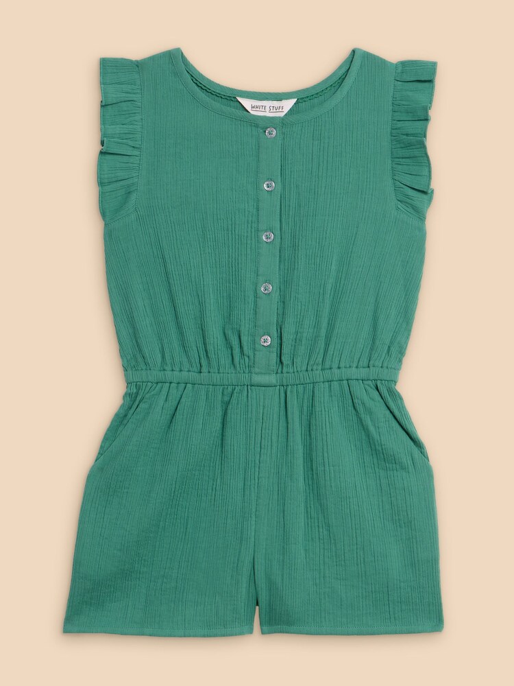 White Stuff Green Woven Frill 100% Cotton Playsuit - Image 1 of 3