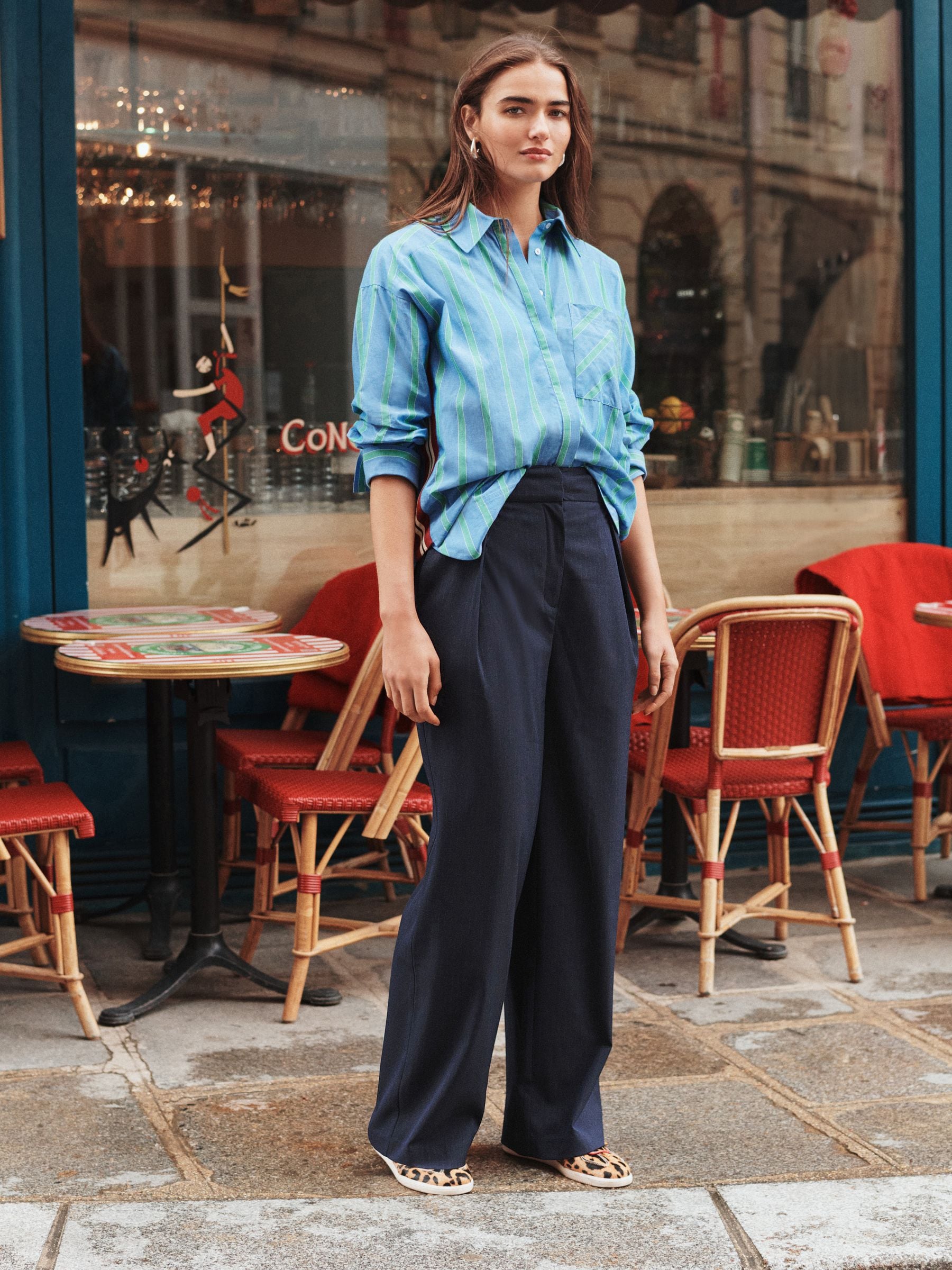 Navy pinstripe wide leg trousers discount