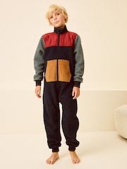 Navy Blue/Ochre Yellow Colourblock Fleece All-In-One (5-16yrs) - Image 1 of 4