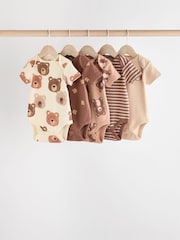 Brown Bear Face 5 Pack Baby Short Sleeved 100% Cotton Bodysuits - Image 1 of 13