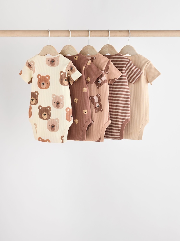 Brown Bear Face 5 Pack Baby Short Sleeved 100% Cotton Bodysuits - Image 2 of 13