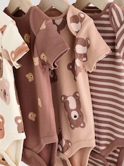 Brown Bear Face 5 Pack Baby Short Sleeved 100% Cotton Bodysuits - Image 9 of 13