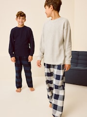 Navy/Grey Textured Top 2 Pack Long Sleeve Woven Check Pyjamas (3-16yrs) - Image 2 of 4