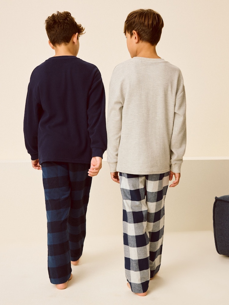 Navy/Grey Textured Top Long Sleeve Woven Check Pyjamas 2 Pack (3-16yrs) - Image 3 of 4