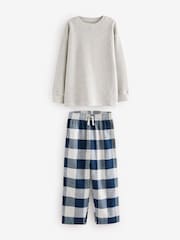 Navy/Grey Textured Top Long Sleeve Woven Check Pyjamas 2 Pack (3-16yrs) - Image 6 of 11