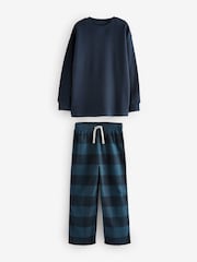 Navy/Grey Textured Top Long Sleeve Woven Check Pyjamas 2 Pack (3-16yrs) - Image 7 of 11