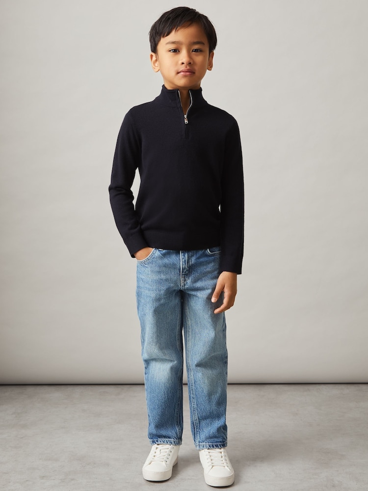 Reiss Navy Blackhall 9-13 yrs Merino Wool Half-Zip Funnel Neck Jumper - Image 1 of 4