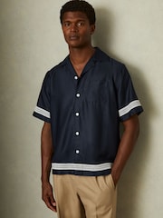 Reiss Navy/White Sharday Relaxed Embroidered Trim Cuban Collar Shirt - Image 1 of 5