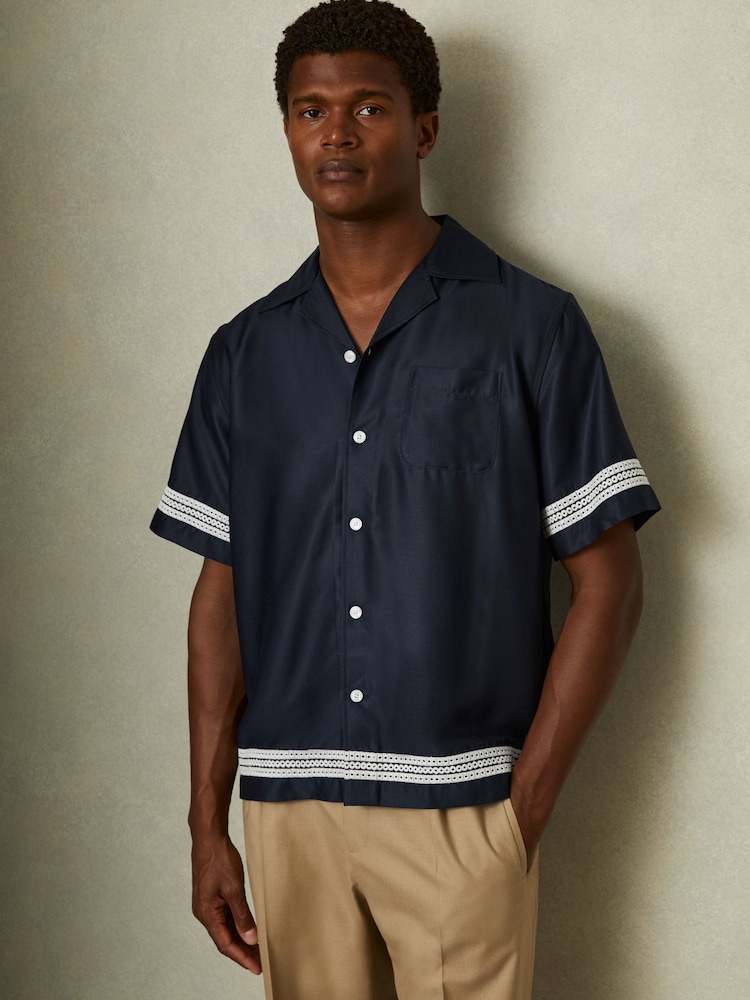 Reiss Navy/White Sharday Relaxed Embroidered Trim Cuban Collar Shirt - Image 1 of 5