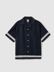 Reiss Navy/White Sharday Relaxed Embroidered Trim Cuban Collar Shirt - Image 2 of 5