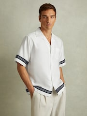 Reiss White/Navy Sharday Relaxed Embroidered Trim Cuban Collar Shirt - Image 1 of 5