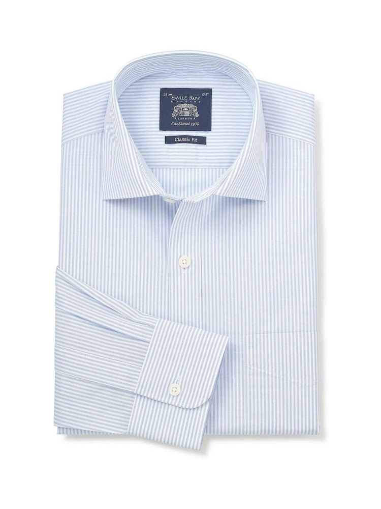 Savile Row Company Blue Classic Fit Striped Cotton Poplin Single Cuff Formal Shirt - Image 1 of 3 Savile Row Company Blue Classic Fit Striped Cotton Poplin Single Cuff Formal Shirt - Image 1 of 3