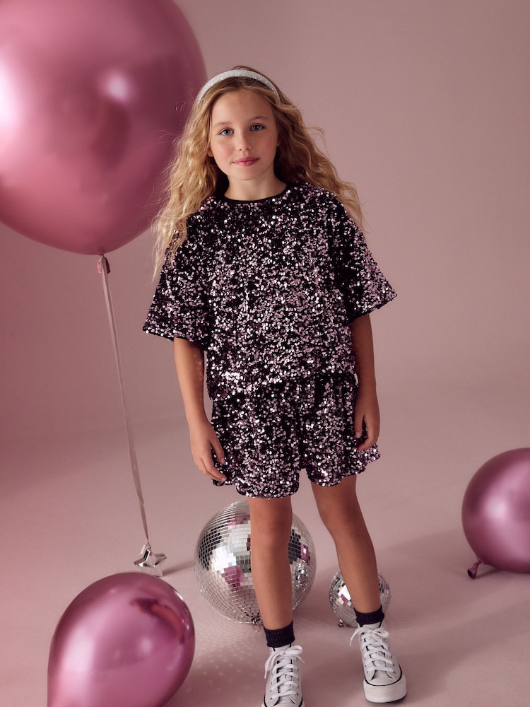 Berry Pink Sequin Top and Short Set (3-16yrs) - Image 1 of 7