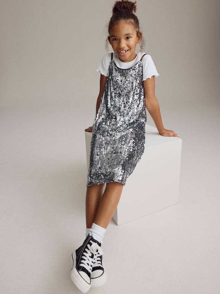 Silver Sequin Slip Dress and T-Shirt Set (3-16yrs) - Image 1 of 8