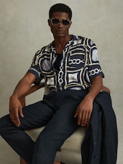 Reiss Navy Jenson Chain Print Cuban Collar Shirt - Image 1 of 5