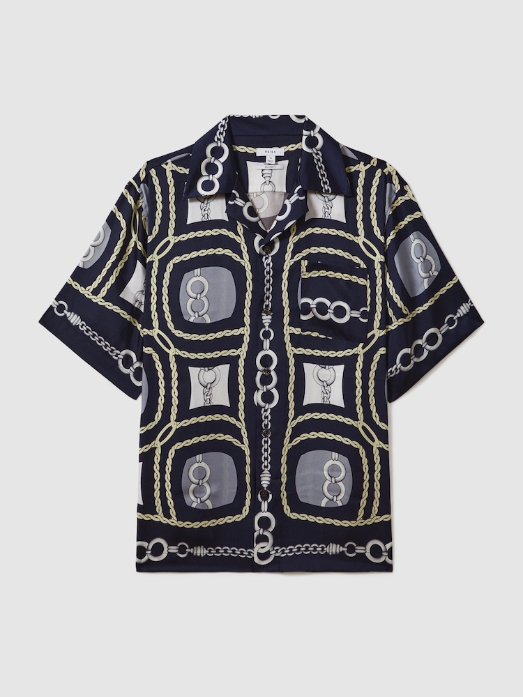 Reiss Navy Jenson Chain Print Cuban Collar Shirt - Image 2 of 5