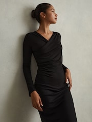 Reiss Black Dionne Jersey Wrap Front Midi Dress - Image 1 of 5