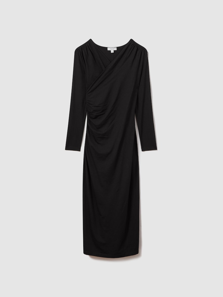 Reiss Black Dionne Jersey Wrap Front Midi Dress - Image 2 of 5